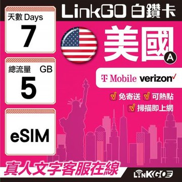 LinkGO白鑽卡 美國A eSIM卡 7天上網卡 總流量5GB  高速流量(美國網卡 舊金山 洛杉磯 紐約 西雅圖)