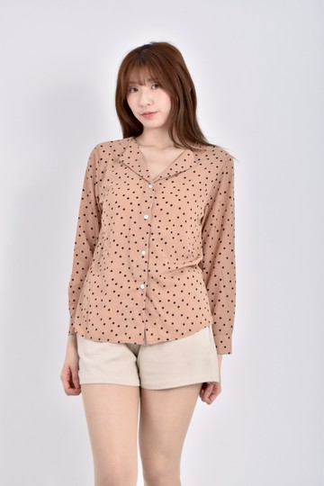 (M) 質感點點長袖棕色襯衫上衣