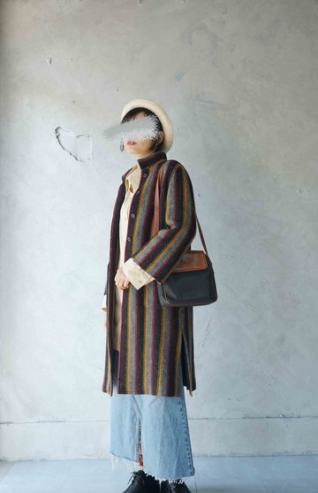 尋寶古著-民俗感深灰彩條織紋立領大衣外套