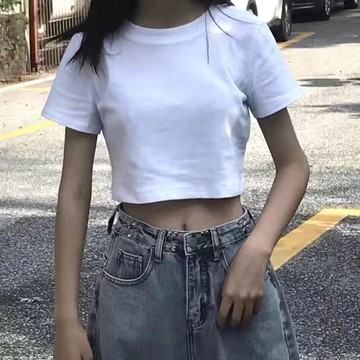 【壹禾YIHOO】短款純棉T卹女夏裝韓版網紅高腰露臍學生修身上衣 白T恤 黑T 短款上衣