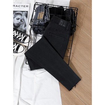 2025年秋季新款黑色牛仔褲女緊身小腳高腰修身顯瘦彈力毛邊鉛筆褲