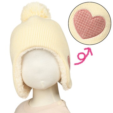 akachan honpo - 冬帽-愛心布貼-象牙白色