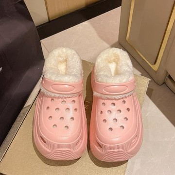 趙露思同款時尚保暖加絨厚底高跟eva棉鞋洞洞鞋女可DIY棉拖批發