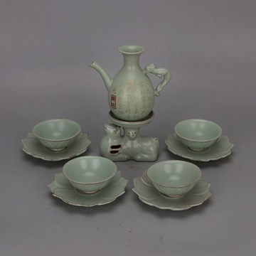 宋 汝窯青釉描金刻字龍柄壺蓮花盞套組 仿古舊貨瓷器奉華款收藏