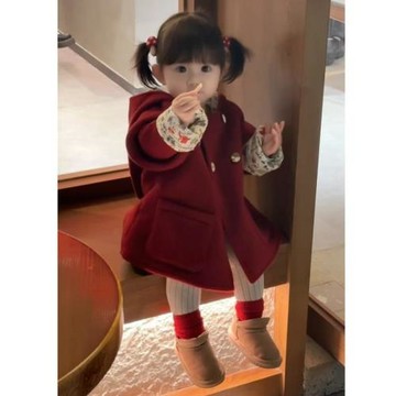 新年年服韓國童裝兒童呢大衣2026冬季新款女童精靈帽紅色中長外套