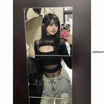 長袖上衣 T恤長袖 禁欲連體衣暗黑網紗透視鏤空長袖T恤小眾設計辣妹高領打底上衣