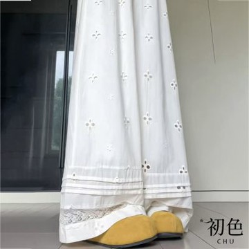 初色 冰絲蕾絲鏤空寬鬆顯瘦垂感高腰遮肉闊腿寬褲長褲-共1色2款-13336(M-XL可選)