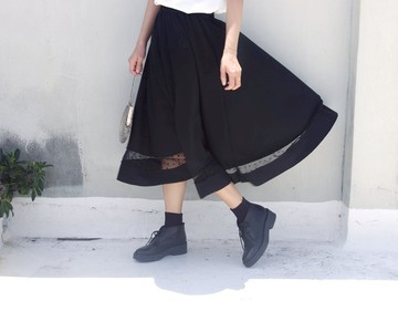 4.5studio-獨立手作by FU-拼接透膚網紗黑色針織長裙