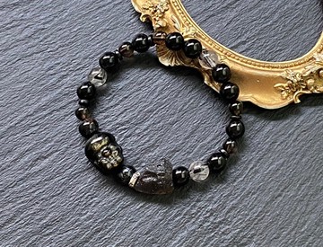 黑曜石x黑龍晶x茶晶x天狼星石x黑檀木x髮晶金曜石貔貅925純銀手鍊