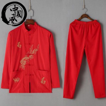 中國風秋裝男士唐裝男長袖中式演出服爸爸裝中老年人秋款紅色套裝