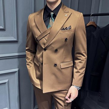 英倫復古雙排扣西裝套裝男士韓版時尚宴會演出正裝修身西服兩件套