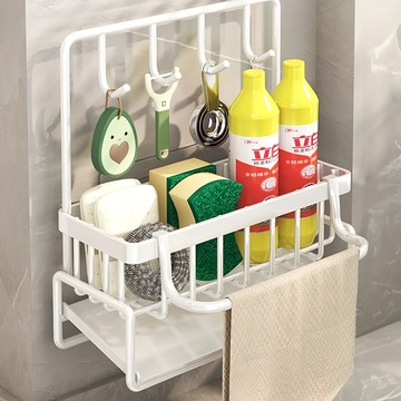 拍平方 檯面海綿瀝水架 加厚碳鋼材質 加高四鉤 可檯面免打孔壁掛 承重強  白色  1個