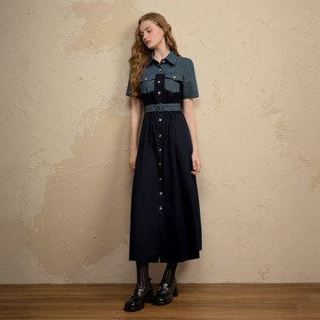 SO NICE 撞色條紋拼接棉質襯衫收腰長洋裝