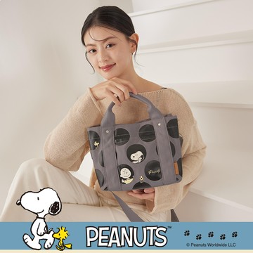 SNOOPY聯名款．日本同步多隔層厚磅帆布兩用托特包 KATO 灰 #圓點
