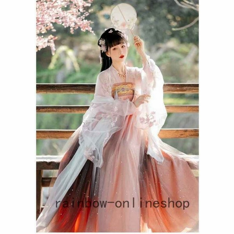 黒白2色 豪華4点セット漢服 梅 プリント貴妃皇后女王変装 鶴刺繍