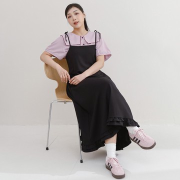 甜美肩綁帶荷葉拼接長洋裝