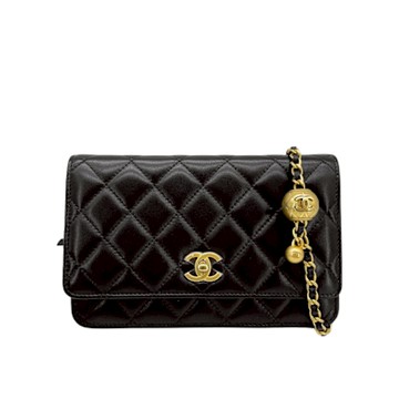 Chanel 香奈兒 展示品 金雙C菱格紋羊皮金球斜背包Woc(AP1450-黑)