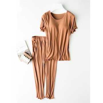 羅紋薄款睡衣女夏 短袖七分褲帶胸墊罩杯休閑彈力寬松家居服套裝