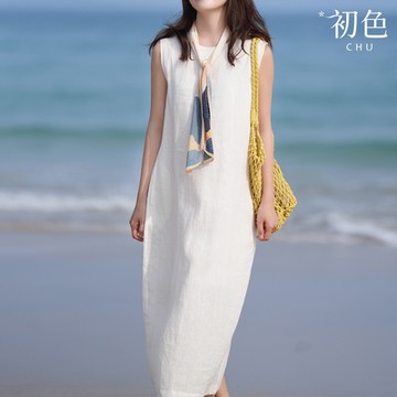 初色 棉麻風素色圓領無袖連衣裙連身洋裝長洋裝-白色-35732(M-2XL可選)