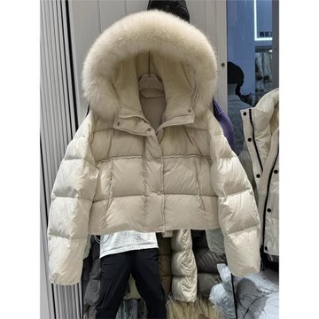 2024冬新款羽絨服女超短款連帽狐貍毛領加厚寬松白鴨絨保暖外套