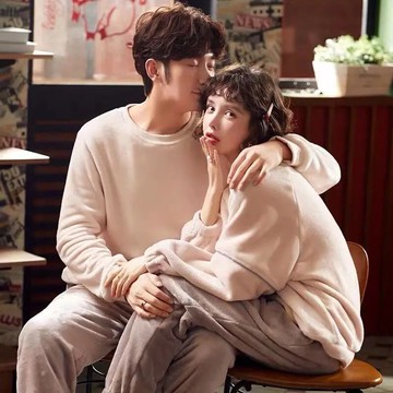 法蘭絨情侶睡衣男女士韓國ins純色簡約加厚冬季珊瑚絨家居服套裝