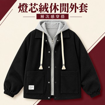 【台灣出貨】M-8XL 休閒外套男 燈芯絨連帽夾克 大尺碼寬鬆落肩 排釦設計 黑色咖色 日常百搭 秋季