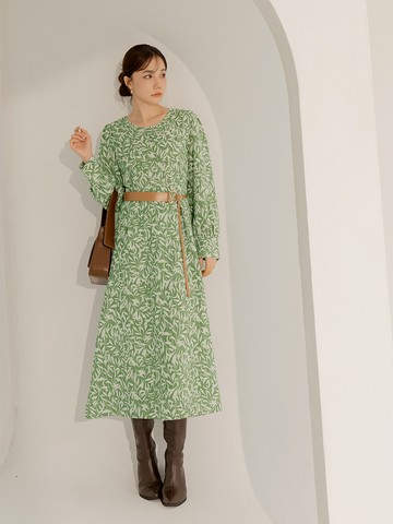 不易皺印花收腰長袖長洋裝