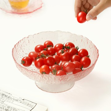 粉色琉璃水果盤水晶玻璃高腳盤日式錘紋甜品碗客廳家用茶點盤果碟中式茶具中式茶盤 茶具用品