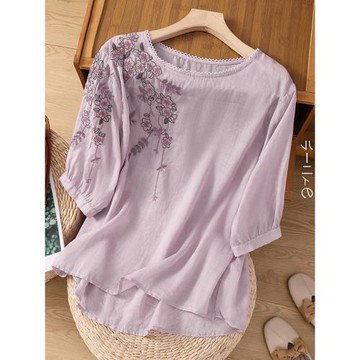中年媽媽夏裝棉麻刺繡上衣女士夏季高端亞麻小衫苧麻女裝短袖T恤