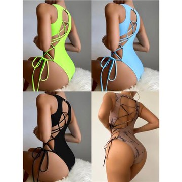 歐美新款性感后背綁帶連體泳裝女比基尼Backless bikini swimsuit