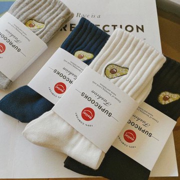 4雙男士襪子純棉中筒襪韓版時尚牛油果刺繡百搭情侶襪白色運動襪