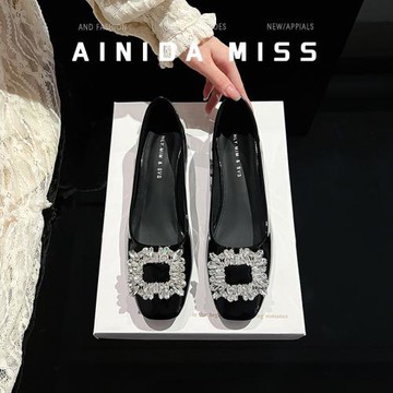 羊皮版~法式氣質方頭單鞋女2025新款春秋女士水鉆淺口低跟晚晚鞋