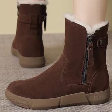 真皮雪地靴女冬季加絨加厚中筒棉鞋女平底磨砂皮靴子女中年媽媽鞋