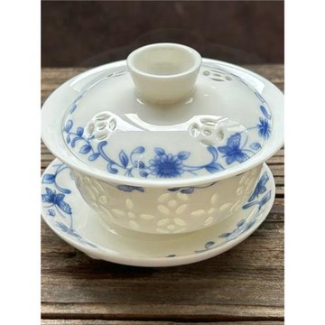 冰晶蜂巢蜂窩玲瓏鏤空蓋碗茶杯景德鎮青花鏤雕茶具茶壺備碗品茗杯