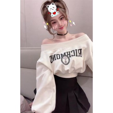 一字肩印花字母短款衛衣女款2025新款寬松設計感顯瘦百搭長袖上衣