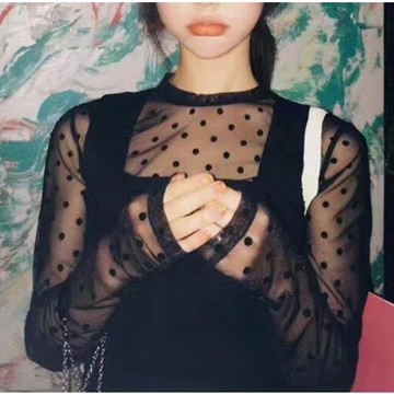 秋季女裝新款黑白色網紗打底衫性感長袖蕾絲上衣T恤秋小衫圓點