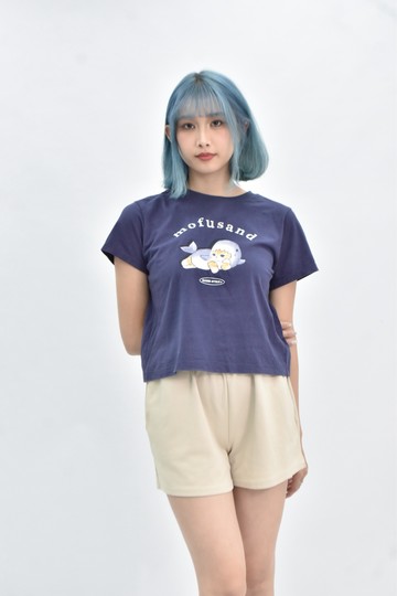 (S) uniqlo 棉質純棉鯊魚小貓藍色短袖上衣