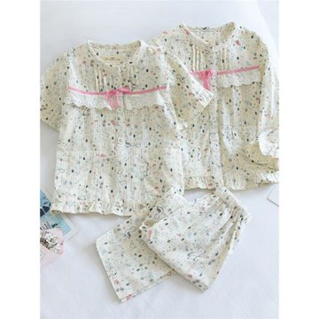 女童春夏薄純棉紗布長袖短袖兒童三件套全棉家居服夏季空調服睡衣