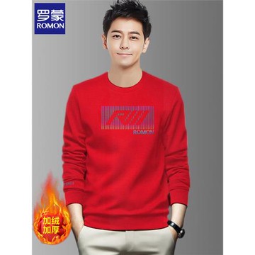 羅蒙秋冬季加絨加厚衛衣男裝寬松大碼圓領長袖T恤保暖打底衫紅色