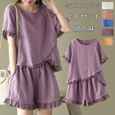 KU1044 綿麻セット上下セットレディース服文芸大きいサイズレースのファッションスーツ不規則な半袖上着半ズボン女性2点セットセットアッ