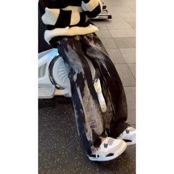 【T-2】❤黑色褲子男潮流扎染微喇牛仔褲男褲寬松直筒高街美式vibe帥氣長褲