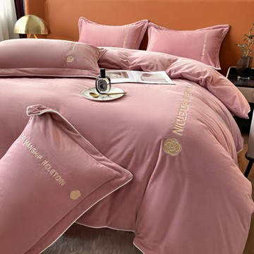 A類冬季嬰兒絨床單四件套牛奶絨輕奢加厚保暖刺繡被套珊瑚絨床笠4床單組被單組床具