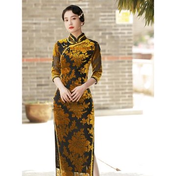 珍愛秋冬真絲爛花綃改良媽媽裝旗袍時尚氣質中老年長款禮服連衣裙