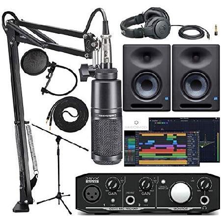 Audio Technica AT2020PK Studio Microphone with ATH-M20x, Boom XLR Cable Streaming Podcasting Pack and Onyx Artist 1-2 Audio Interface with Eris E5 X