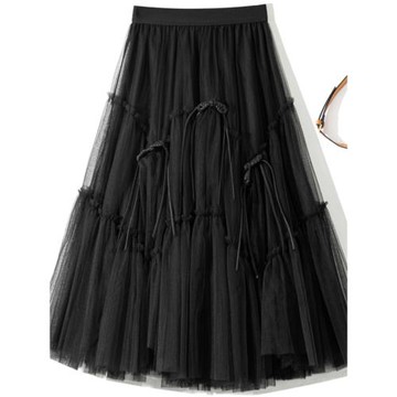 復古國風盤扣網紗半身裙厚款小眾設計高腰顯瘦蓬蓬a字中長裙秋冬