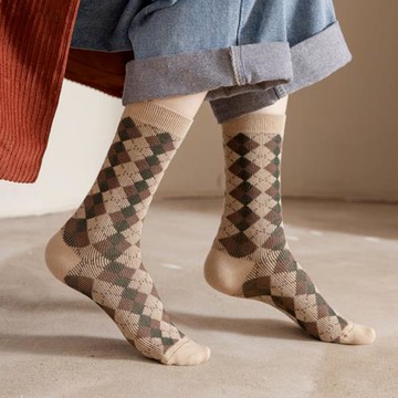 菱格襪子女中筒春秋純棉棋盤格復古棕色格子美式日系粗線長襪男