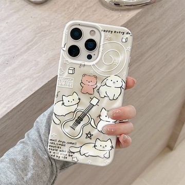 白色音樂小貓 適用蘋果17ProMax 16 15 14 13 12 11 iPhone隕石殼 大孔鏡頭全包防摔軟殼