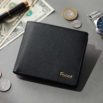 【FOCUS】真皮RFID防盜加大附零錢袋男短夾_十字紋黑(FHB2827)