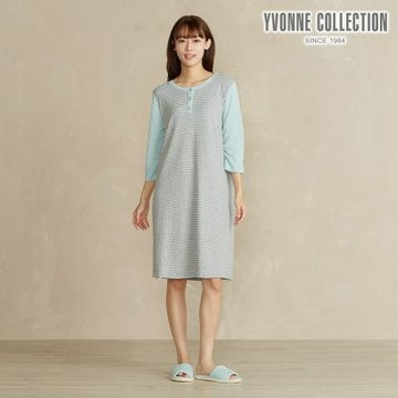 YVONNE 以旺傢飾 條紋提花半開襟七分袖洋裝-迷霧灰