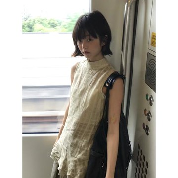 法式復古立領吊帶背心女夏季新款荷葉邊下擺修身顯瘦絕美無袖上衣